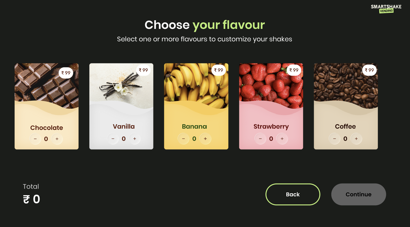 Smartshake flavor selection screen